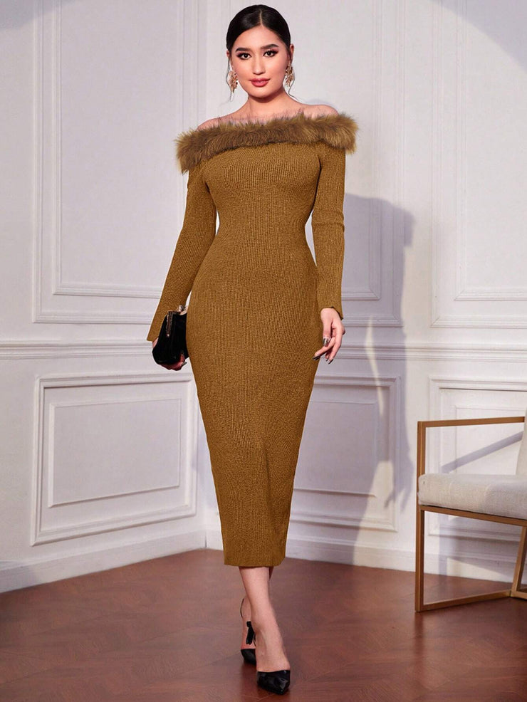 Modely Off Shoulder Fuzzy Trim Bodycon Sweater Dress - Hues