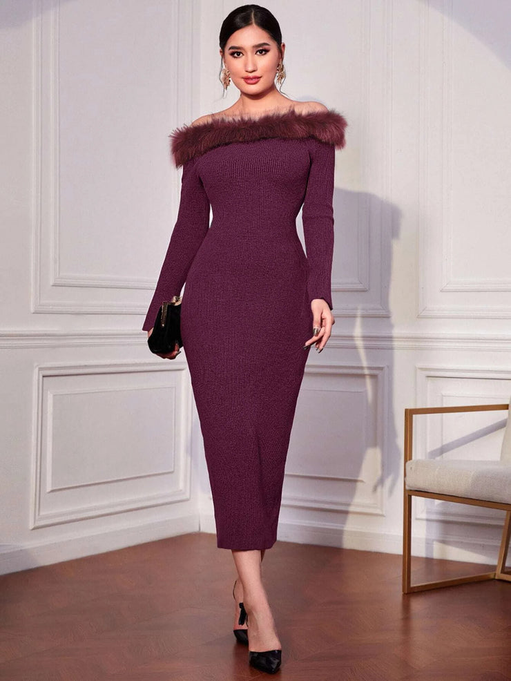 Modely Off Shoulder Fuzzy Trim Bodycon Sweater Dress - Hues