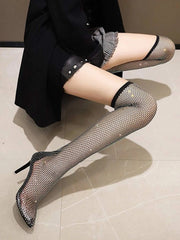 Women Mesh Rhinestone Decor Point Toe Stiletto Heeled Knee High Sandal Boots - Hues