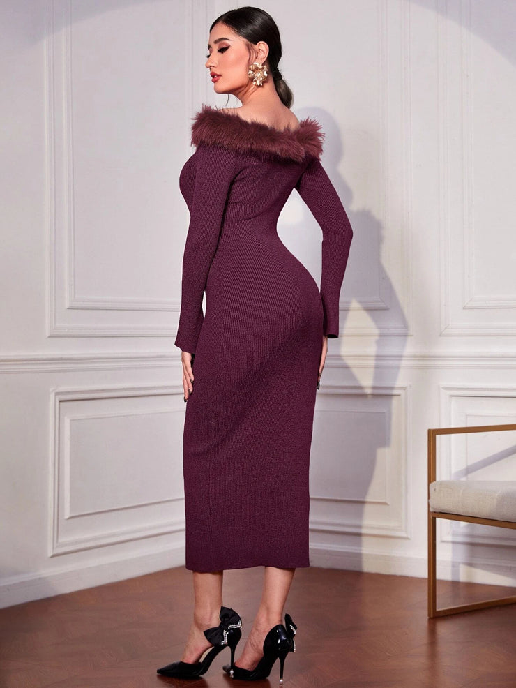Modely Off Shoulder Fuzzy Trim Bodycon Sweater Dress - Hues