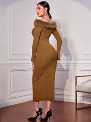 Modely Off Shoulder Fuzzy Trim Bodycon Sweater Dress - Hues