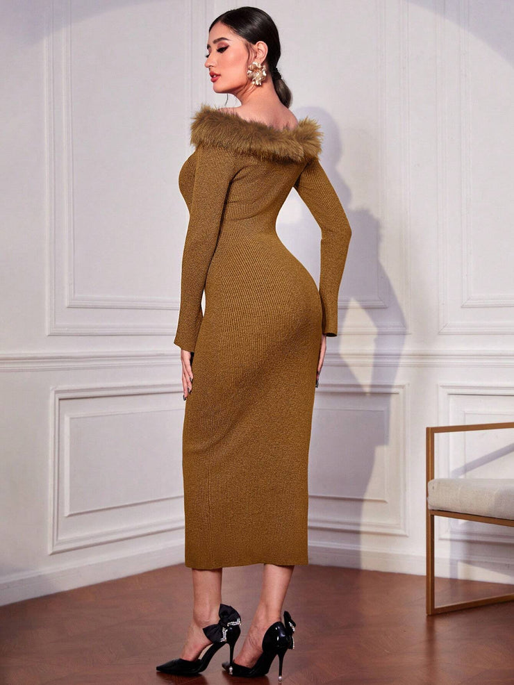 Modely Off Shoulder Fuzzy Trim Bodycon Sweater Dress - Hues