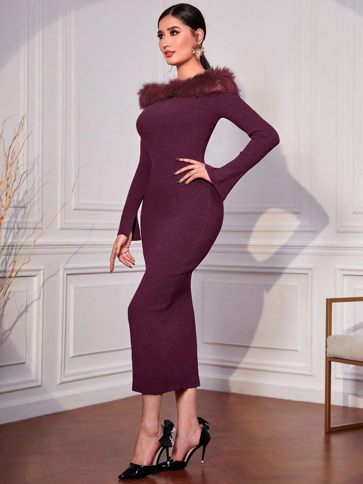 Modely Off Shoulder Fuzzy Trim Bodycon Sweater Dress - Hues