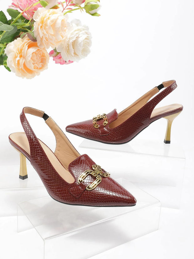 Stiletto Heeled Slingback Pumps, Wine Red High Heel Shoes For Women With Metallic Snake Skin Pattern And Back Strap - Hues