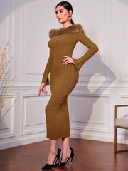 Modely Off Shoulder Fuzzy Trim Bodycon Sweater Dress - Hues