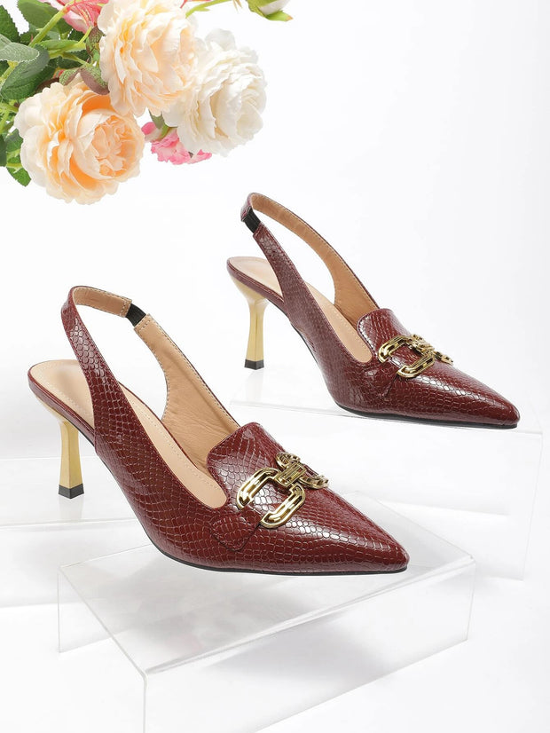 Stiletto Heeled Slingback Pumps, Wine Red High Heel Shoes For Women With Metallic Snake Skin Pattern And Back Strap - Hues