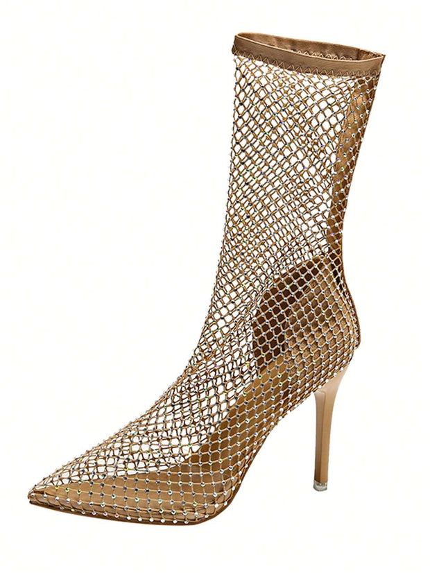 Women's Fashionable Diamond & Breathable High Heel & Hollow Out & Solid Color & Elasticity Riding Boots - Hues