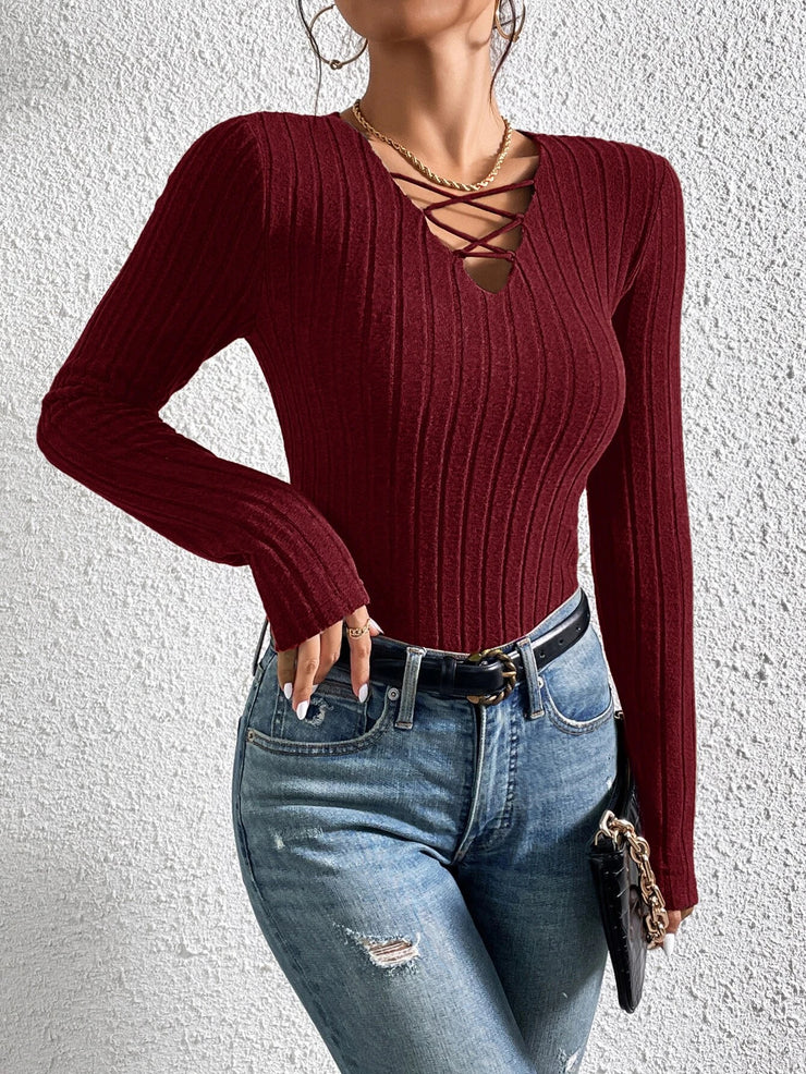 Essnce Crisscross Front Ribbed Knit Tee - Hues