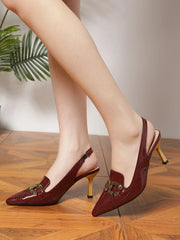 Stiletto Heeled Slingback Pumps, Wine Red High Heel Shoes For Women With Metallic Snake Skin Pattern And Back Strap - Hues