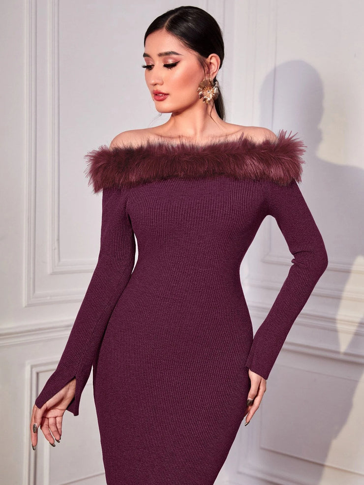 Modely Off Shoulder Fuzzy Trim Bodycon Sweater Dress - Hues