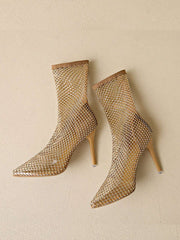 Women's Fashionable Diamond & Breathable High Heel & Hollow Out & Solid Color & Elasticity Riding Boots - Hues