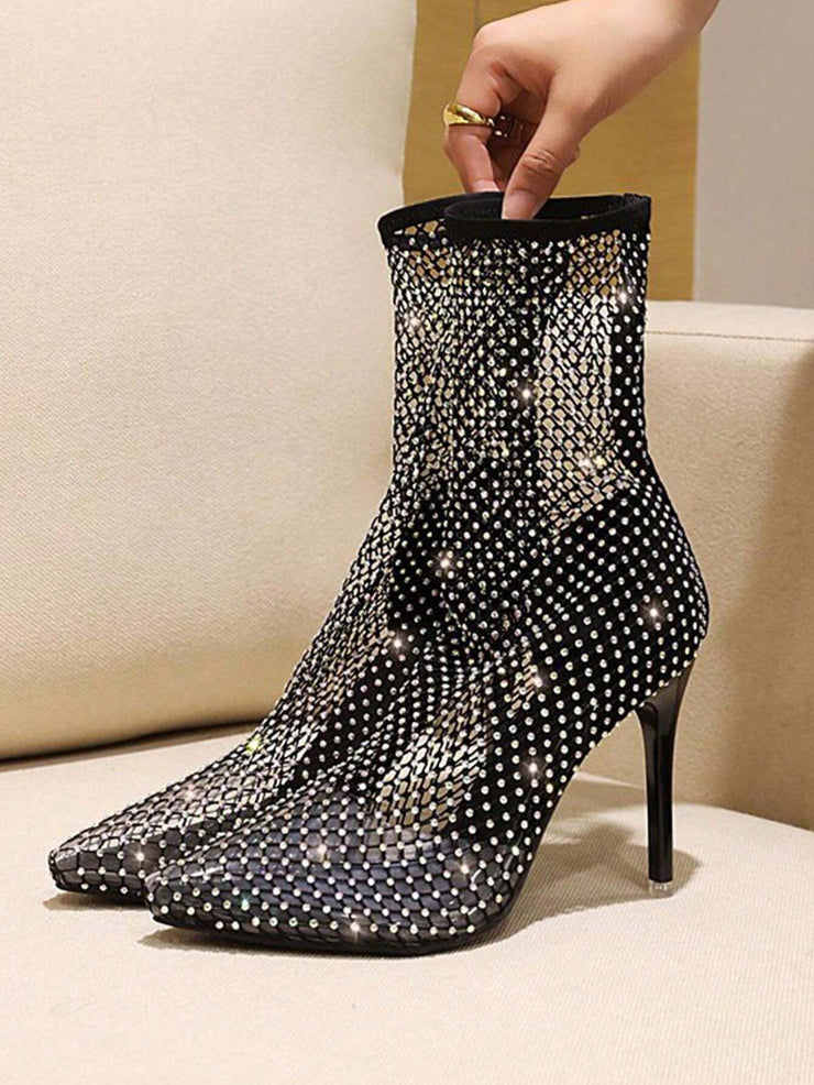 Women's Fashionable Diamond & Breathable High Heel & Hollow Out & Solid Color & Elasticity Riding Boots - Hues