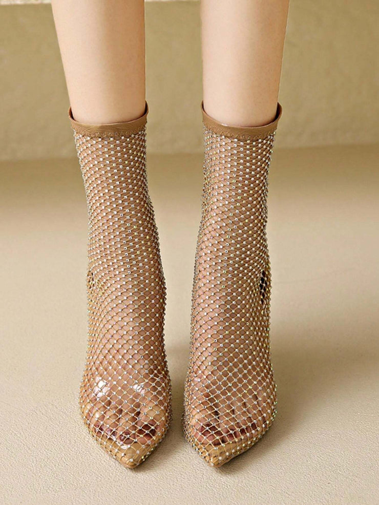 Women's Fashionable Diamond & Breathable High Heel & Hollow Out & Solid Color & Elasticity Riding Boots - Hues
