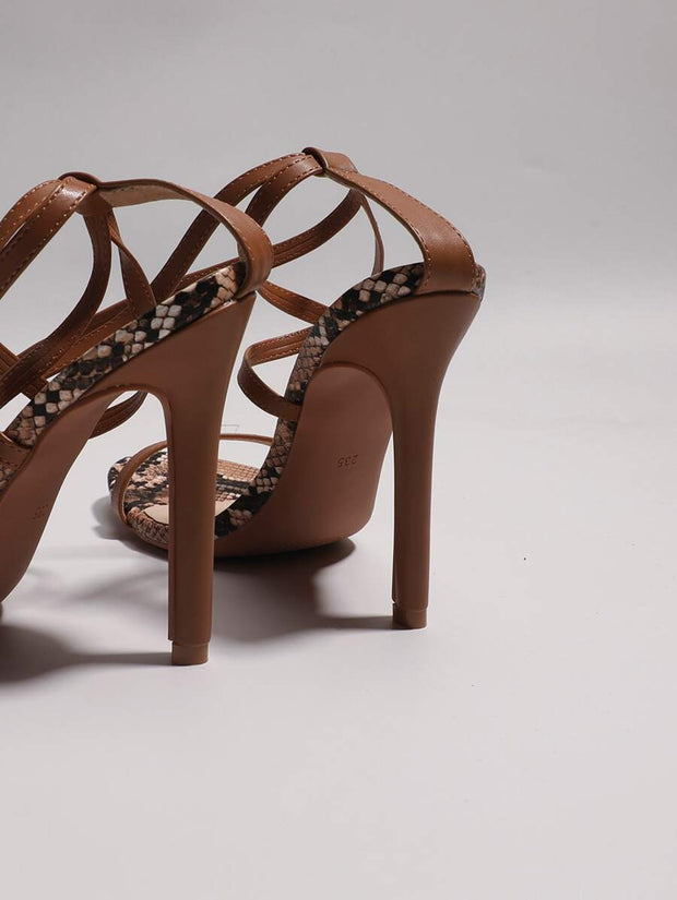 Stiletto Heeled Strappy Sandals, Brown Elegant Solid Color Thin Strappy Ladies' High-heeled Sandals