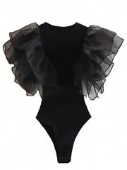 Women's Romantic Slim Black Elements Mesh Sexy Bodysuit