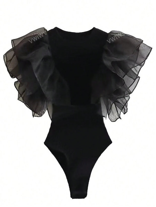 Women's Romantic Slim Black Elements Mesh Sexy Bodysuit