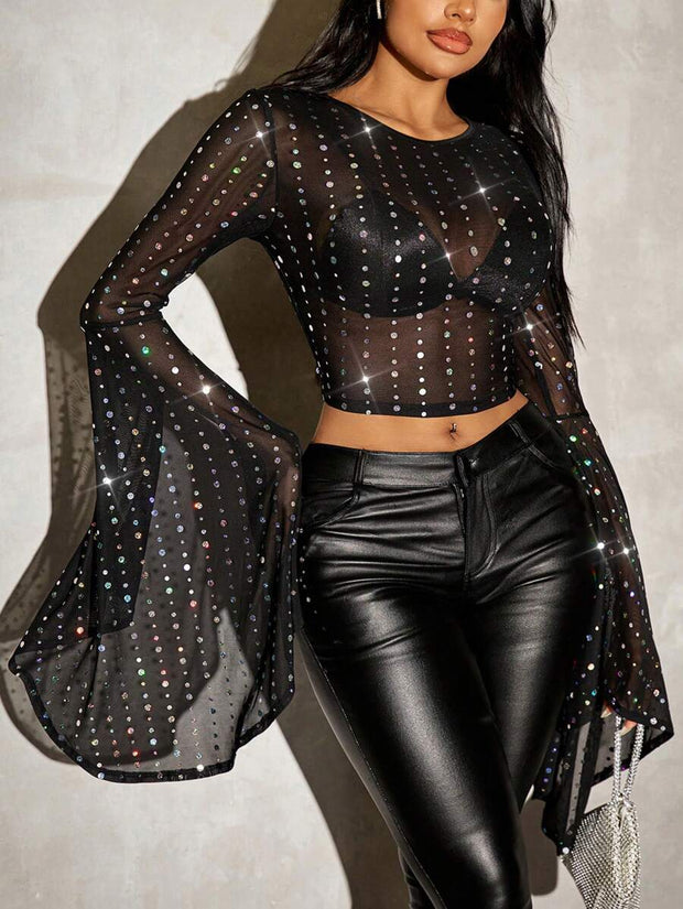 Studded Rhinestone Faux Pearls And Rhinestones Decorated Black Sheer Top Outfits