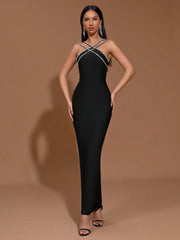 Modphy New Heavy Chain Crystal Diamond Bandage Bodycon Long Dress