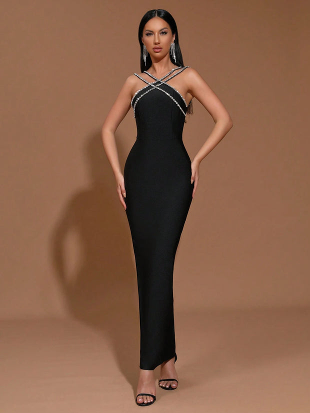 Modphy New Heavy Chain Crystal Diamond Bandage Bodycon Long Dress