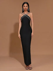 Modphy New Heavy Chain Crystal Diamond Bandage Bodycon Long Dress
