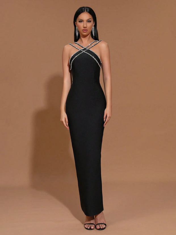 Modphy New Heavy Chain Crystal Diamond Bandage Bodycon Long Dress