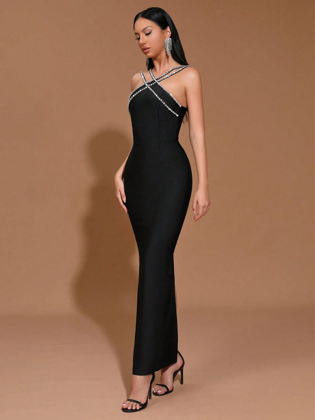 Modphy New Heavy Chain Crystal Diamond Bandage Bodycon Long Dress