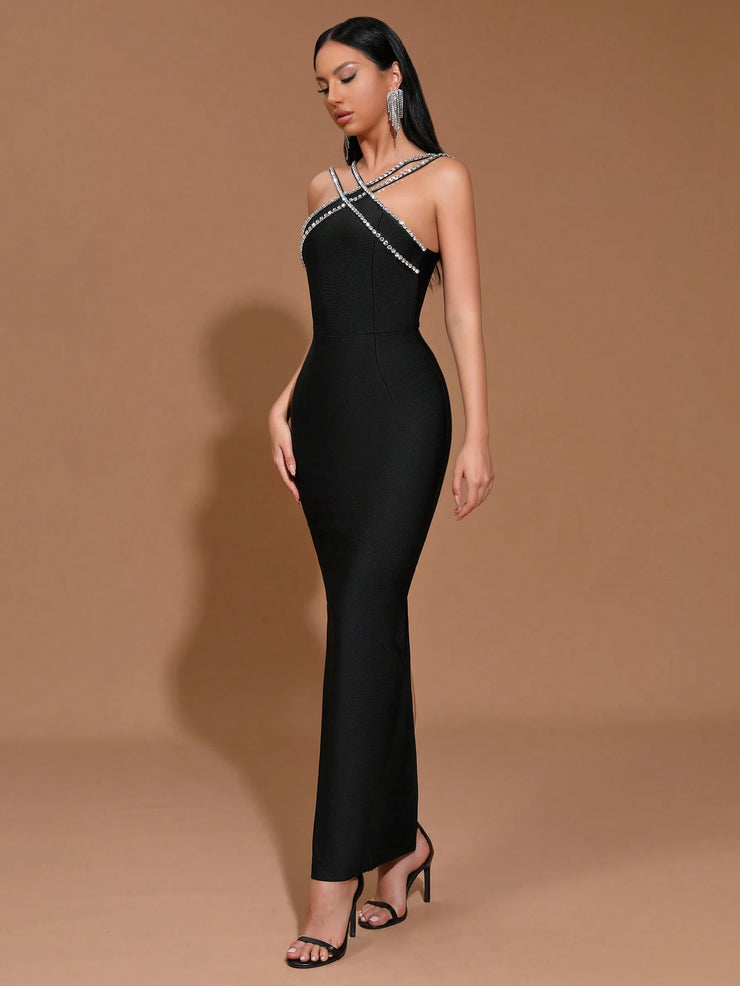 Modphy New Heavy Chain Crystal Diamond Bandage Bodycon Long Dress