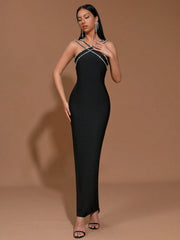 Modphy New Heavy Chain Crystal Diamond Bandage Bodycon Long Dress
