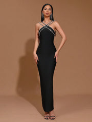 Modphy New Heavy Chain Crystal Diamond Bandage Bodycon Long Dress