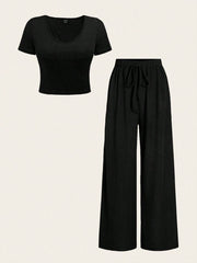 Chiquease 2pcs/Set Solid Color V-Neck Short Sleeve T-Shirt And Knotted Wide Leg Pants