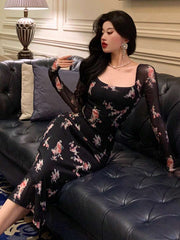 DAZY Homecoming Mesh Floral Print Square Neck Dress For Ladies Dress