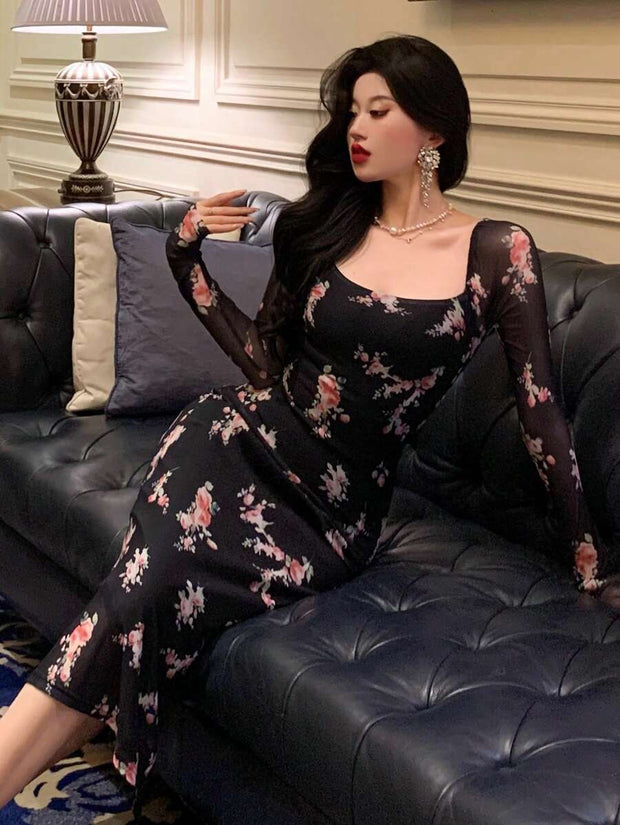 DAZY Homecoming Mesh Floral Print Square Neck Dress For Ladies Dress