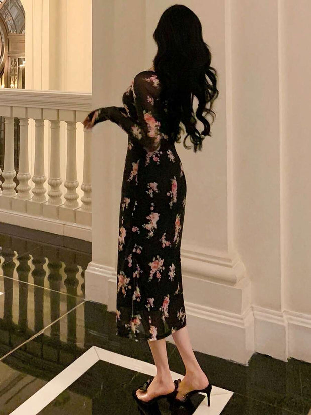 DAZY Homecoming Mesh Floral Print Square Neck Dress For Ladies Dress
