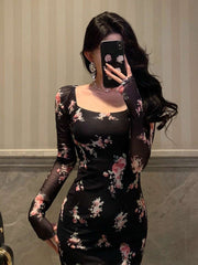DAZY Homecoming Mesh Floral Print Square Neck Dress For Ladies Dress