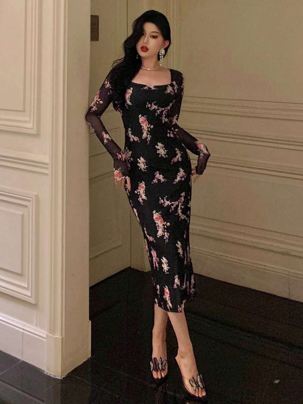 DAZY Homecoming Mesh Floral Print Square Neck Dress For Ladies Dress
