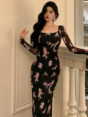 DAZY Homecoming Mesh Floral Print Square Neck Dress For Ladies Dress