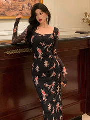 DAZY Homecoming Mesh Floral Print Square Neck Dress For Ladies Dress