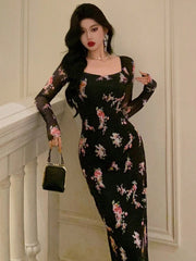 DAZY Homecoming Mesh Floral Print Square Neck Dress For Ladies Dress