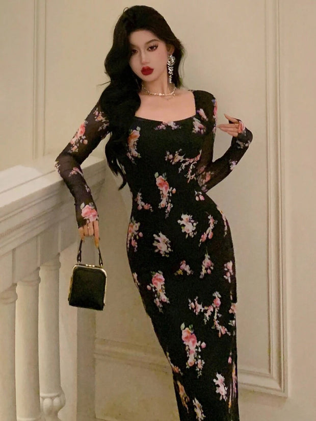 DAZY Homecoming Mesh Floral Print Square Neck Dress For Ladies Dress