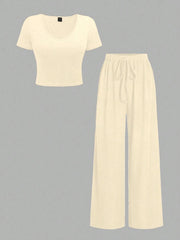Chiquease 2pcs/Set Solid Color V-Neck Short Sleeve T-Shirt And Knotted Wide Leg Pants
