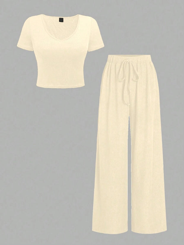 Chiquease 2pcs/Set Solid Color V-Neck Short Sleeve T-Shirt And Knotted Wide Leg Pants