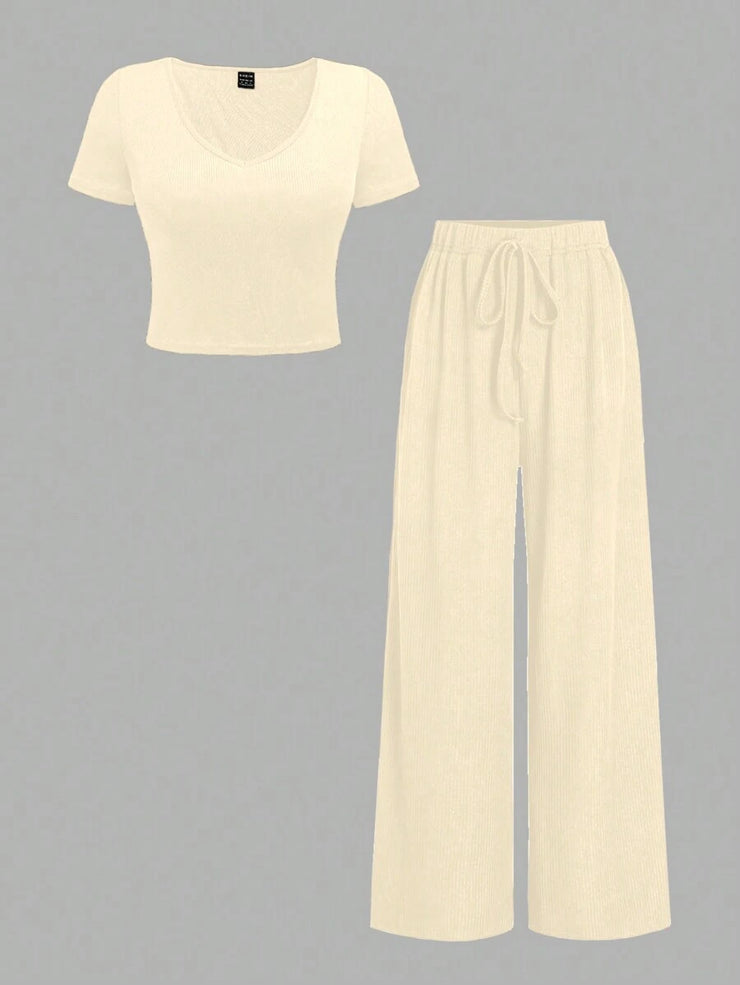 Chiquease 2pcs/Set Solid Color V-Neck Short Sleeve T-Shirt And Knotted Wide Leg Pants
