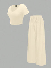 Chiquease 2pcs/Set Solid Color V-Neck Short Sleeve T-Shirt And Knotted Wide Leg Pants