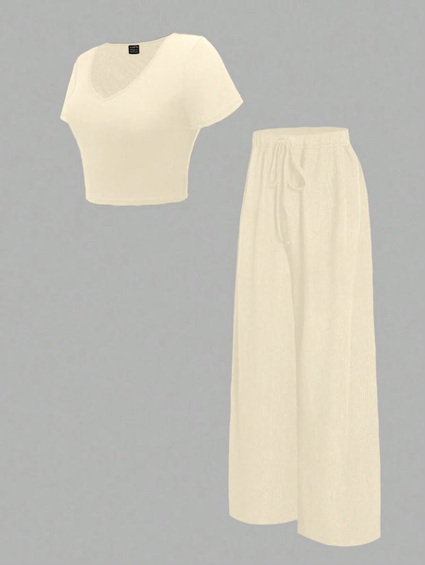 Chiquease 2pcs/Set Solid Color V-Neck Short Sleeve T-Shirt And Knotted Wide Leg Pants