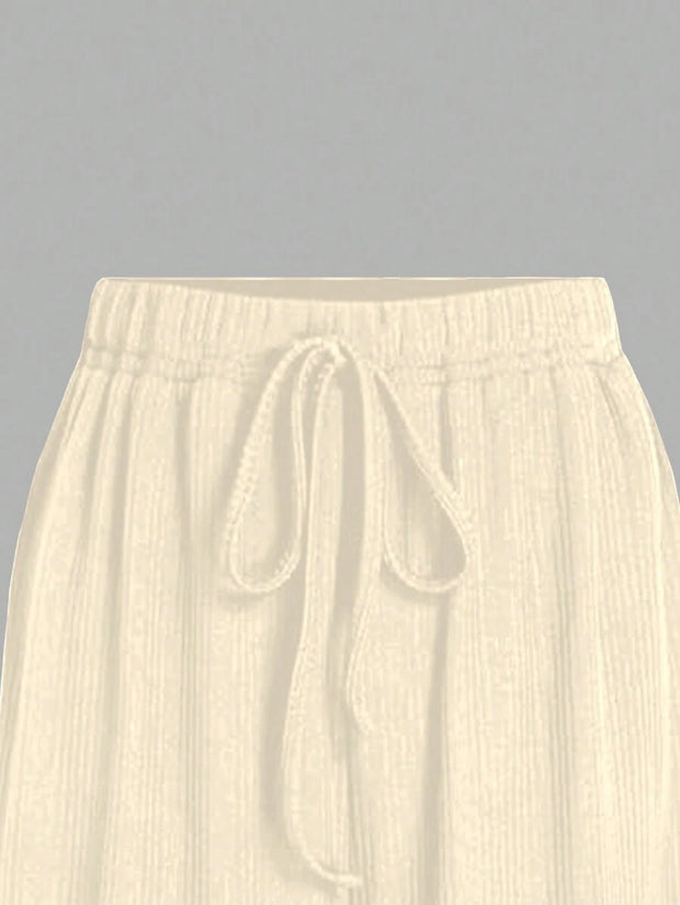 Chiquease 2pcs/Set Solid Color V-Neck Short Sleeve T-Shirt And Knotted Wide Leg Pants