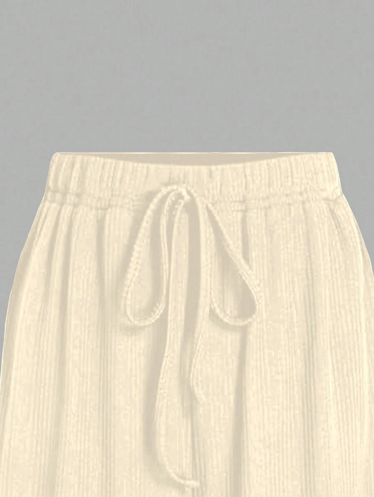 Chiquease 2pcs/Set Solid Color V-Neck Short Sleeve T-Shirt And Knotted Wide Leg Pants