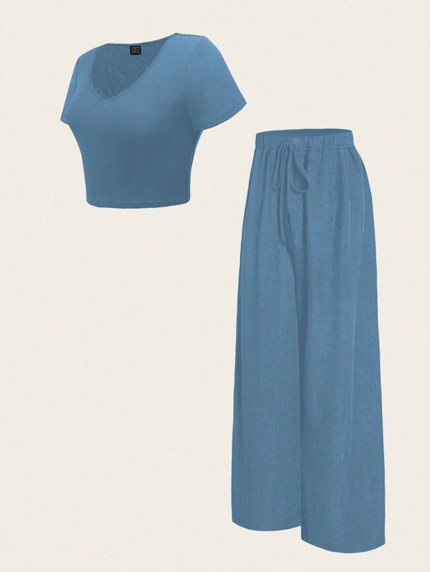 Chiquease 2pcs/Set Solid Color V-Neck Short Sleeve T-Shirt And Knotted Wide Leg Pants