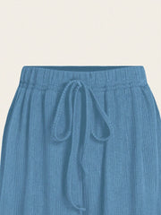 Chiquease 2pcs/Set Solid Color V-Neck Short Sleeve T-Shirt And Knotted Wide Leg Pants