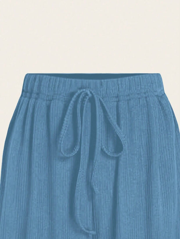 Chiquease 2pcs/Set Solid Color V-Neck Short Sleeve T-Shirt And Knotted Wide Leg Pants