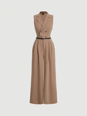 Elegant Lapel Neck Waist Wide Leg Jumpsuit, Casual Daily Women